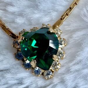 Emerald green Heart Pendant Necklace Rhinestones 14K GF or plated